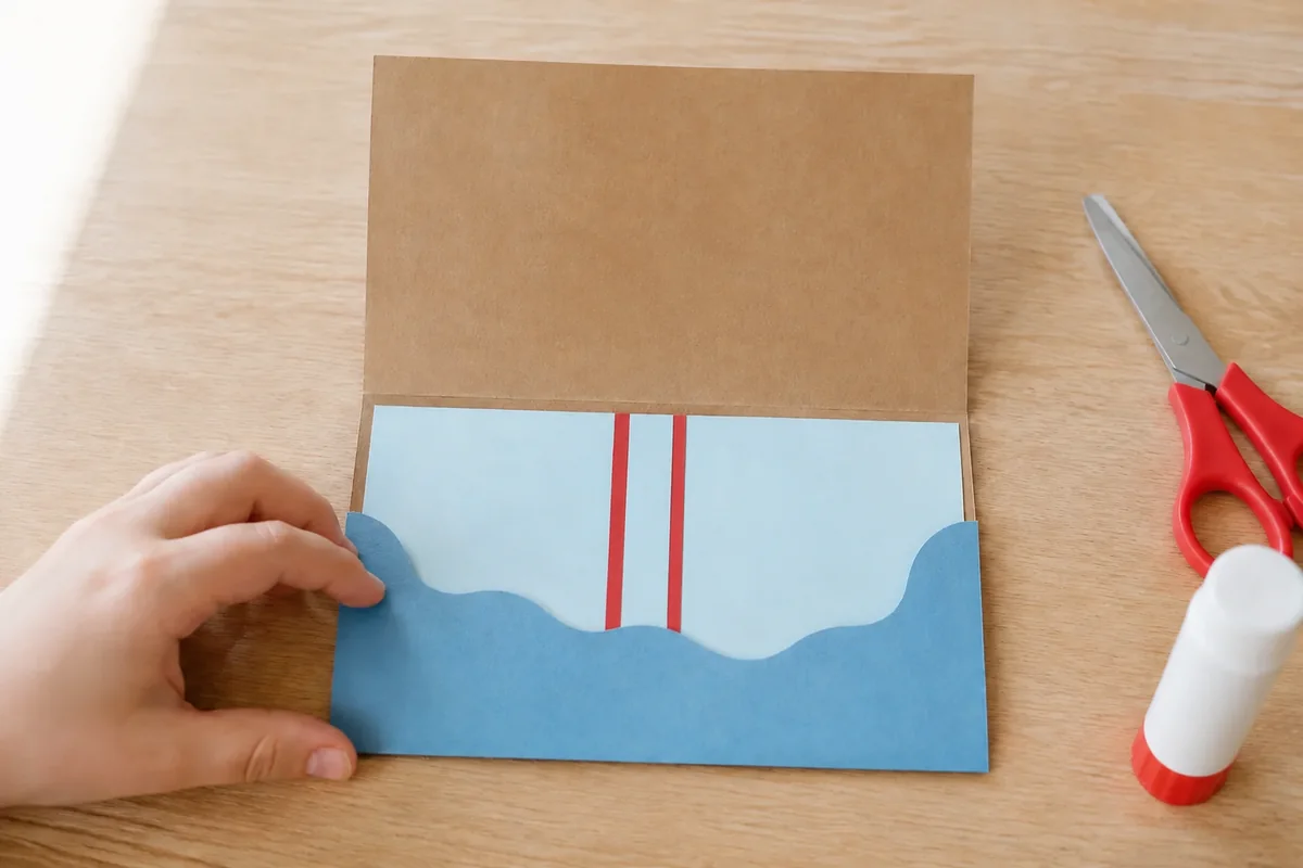 Étape 2 — découper une fente verticale renforcée : une fente droite et renforcée qui rejoint la poche de la mer, dans créer une carte postale à tirette avec coucher de soleil.