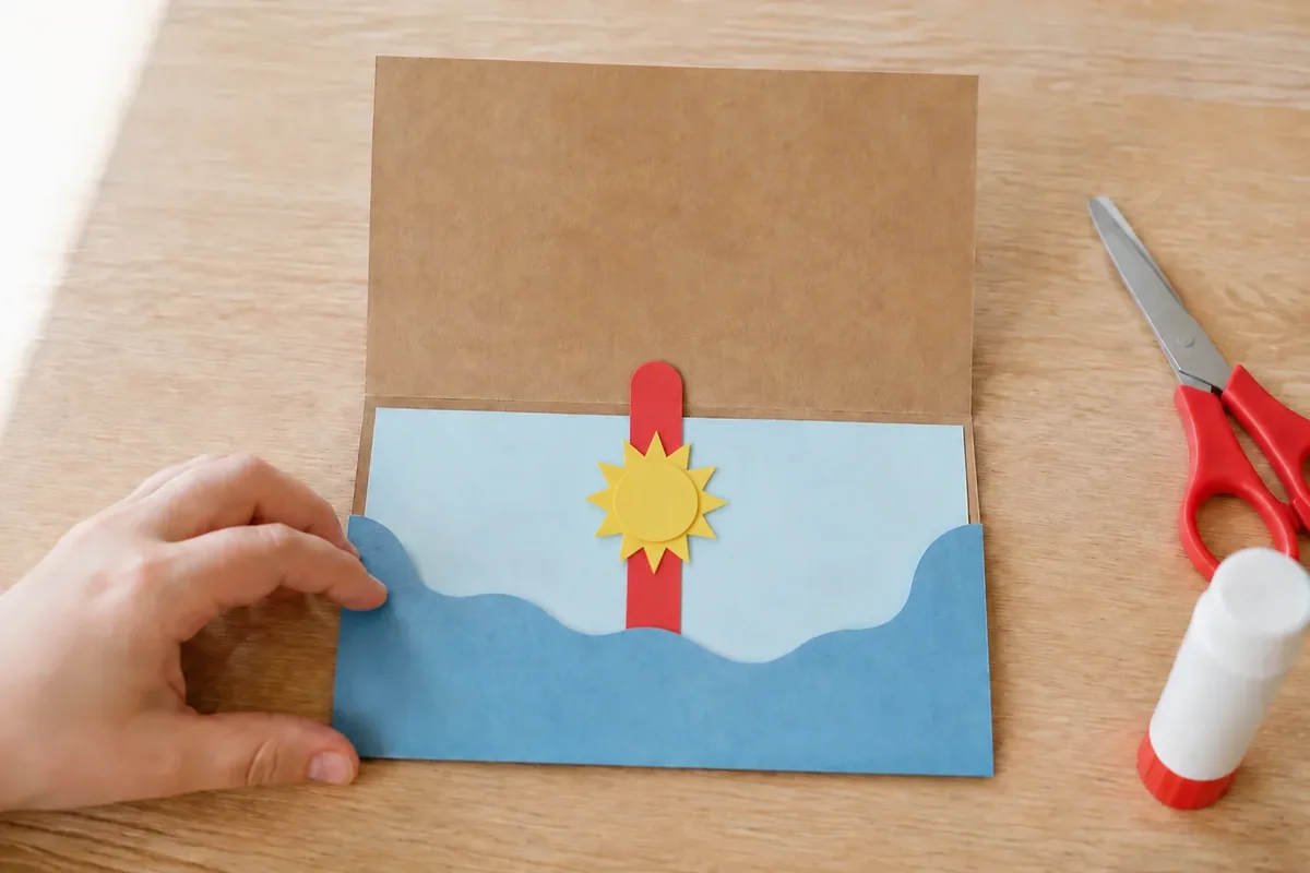 Étape 3 — assembler soleil et tirette : un soleil centré au sommet d’une bande coulissante, dans créer une carte postale à tirette avec coucher de soleil mobile