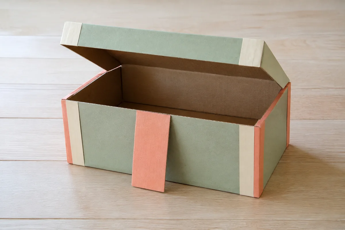 Étape 1 — former la boîte et son couvercle : un coffre rectangulaire rigide avec couvercle articulé et languette frontale, dans coffre secret à code tournant en carton