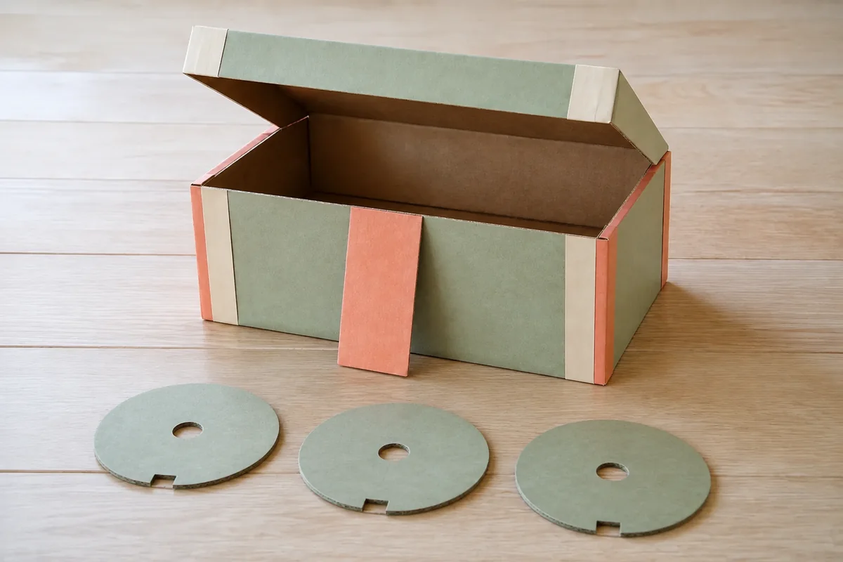 Étape 2 — découper trois molettes à encoche : trois disques identiques avec une seule encoche arrière chacun, dans coffre secret à code tournant en carton