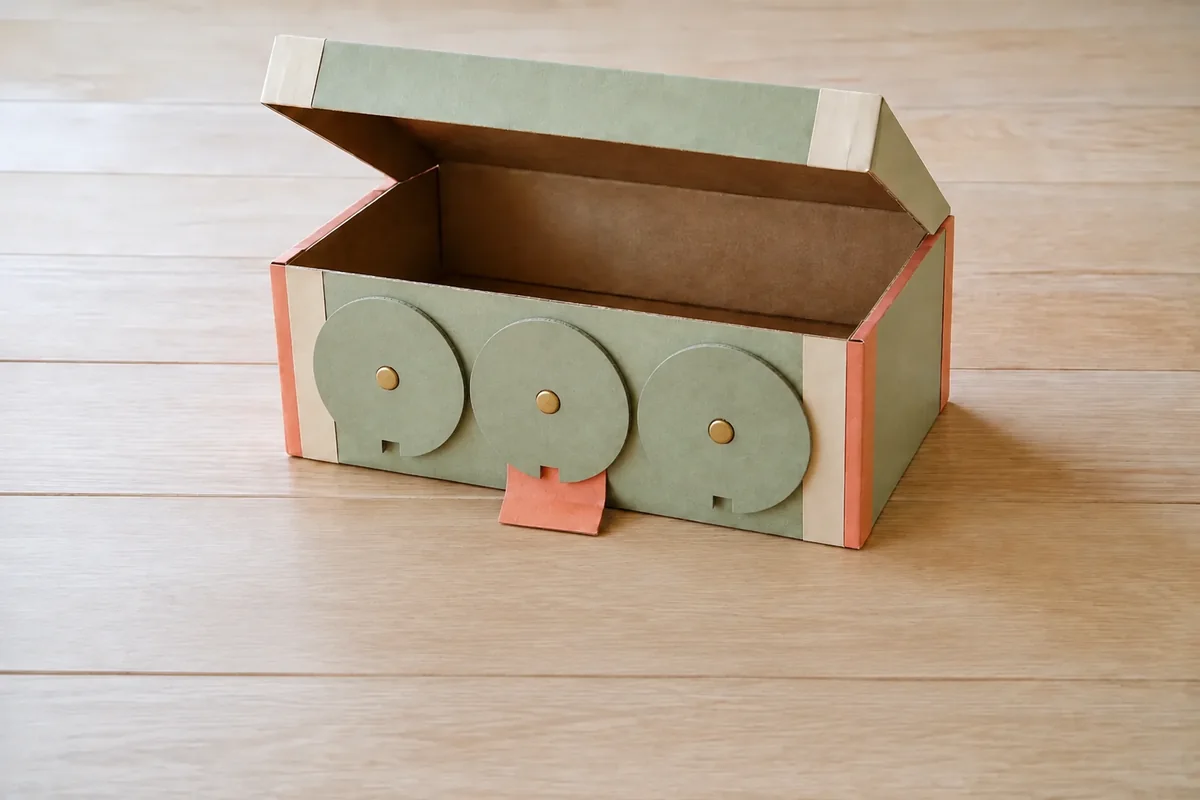 Étape 3 — installer les molettes sur la façade : trois molettes parallèles qui tournent librement sur la façade, dans coffre secret à code tournant en carton