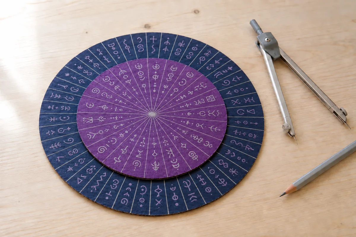 Étape 3 — inscrire les deux alphabets : deux alphabets complets placés dans le même ordre circulaire, dans roue de chiffrement césar en carton à deux disques