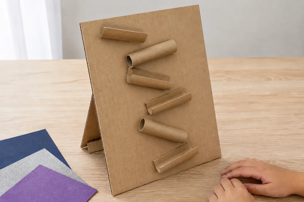 Étape 2 — présenter les rampes sans les fixer : un trajet en zigzag composé de gouttières et tubes présentés à sec, dans circuit vertical pour gros pompons
