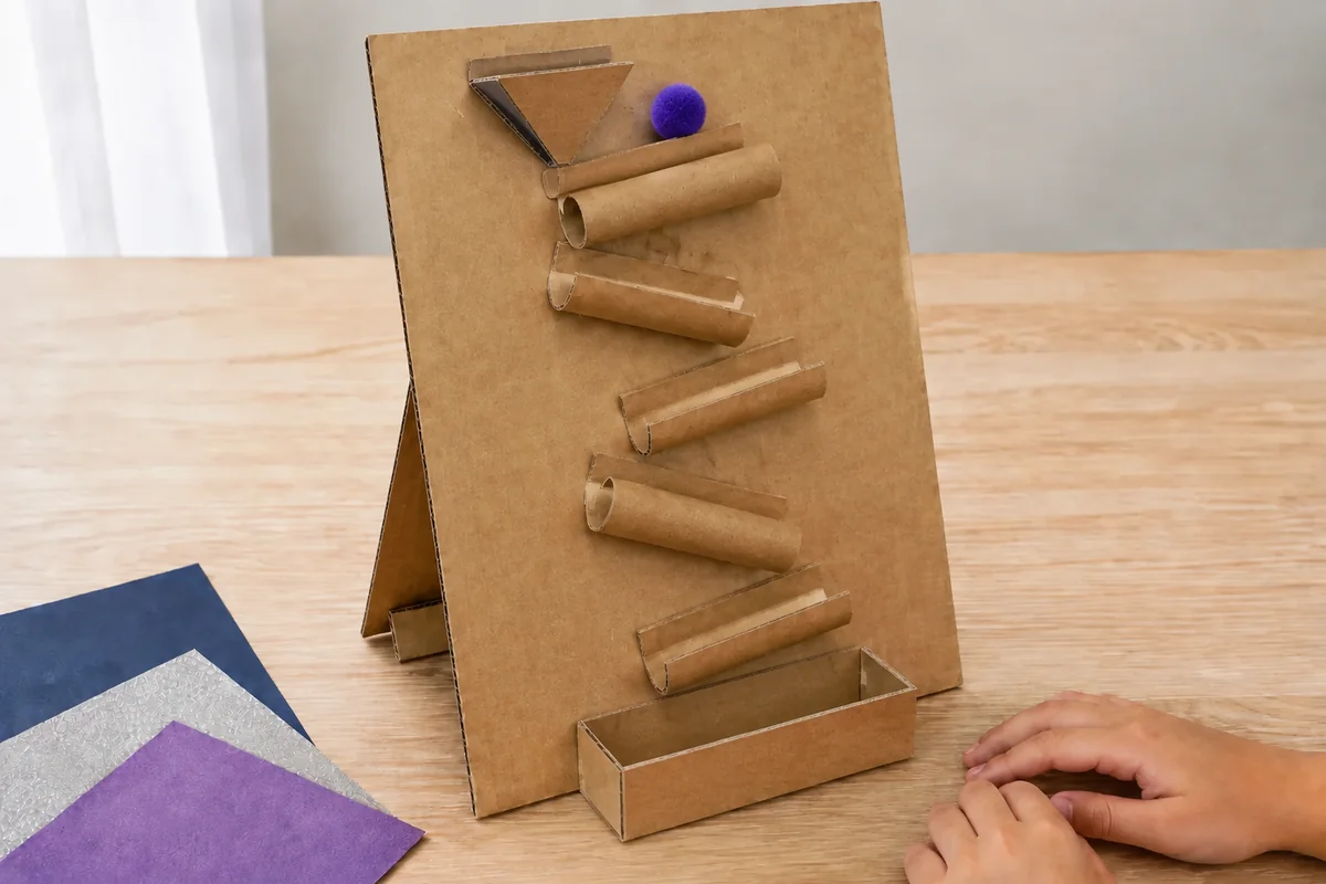 Étape 4 — ajouter départ et boîte d’arrivée : un entonnoir large relié au départ et un bac centré sous la sortie, dans circuit vertical pour gros pompons