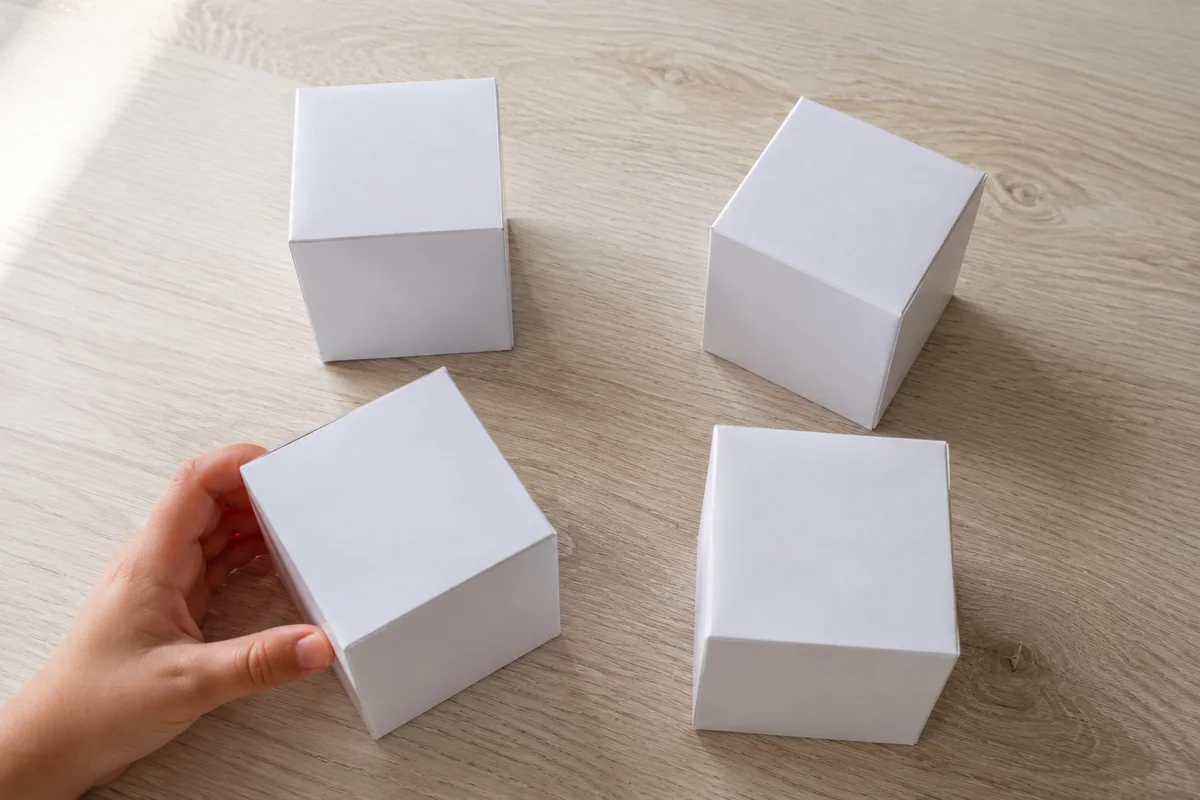Étape 1 — uniformiser quatre cubes identiques : quatre cubes blancs identiques aux arêtes nettes, dans puzzle-cubes des animaux à recomposer
