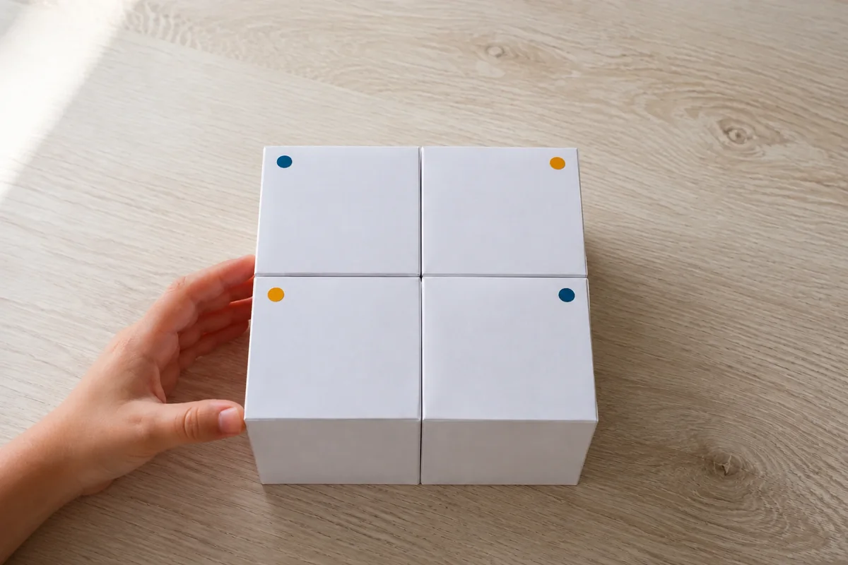 Étape 2 — aligner la première face en carré : un carré deux par deux avec quatre repères dans les coins extérieurs, dans puzzle-cubes des animaux à recomposer