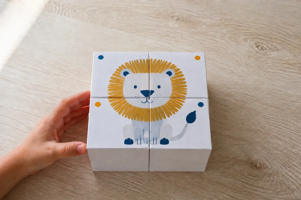 Étape 3 — dessiner le premier animal sur quatre faces : un animal complet réparti en quatre fragments raccordés, dans puzzle-cubes des animaux à recomposer