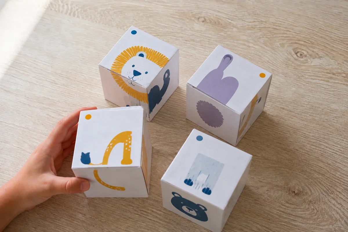 Étape 4 — créer cinq autres compositions : six séries de fragments réparties méthodiquement sur les cubes, dans puzzle-cubes des animaux à recomposer