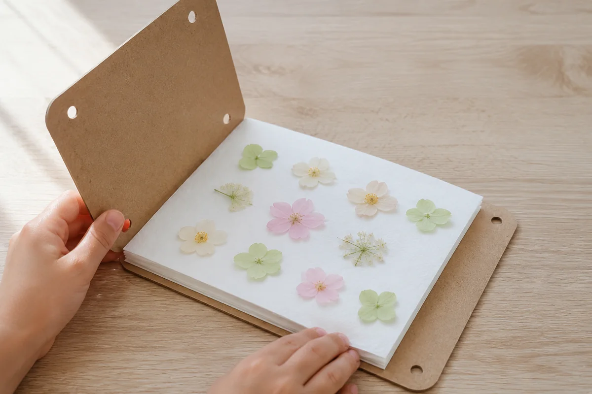 Étape 1 — fleurs plates sous une presse de livres