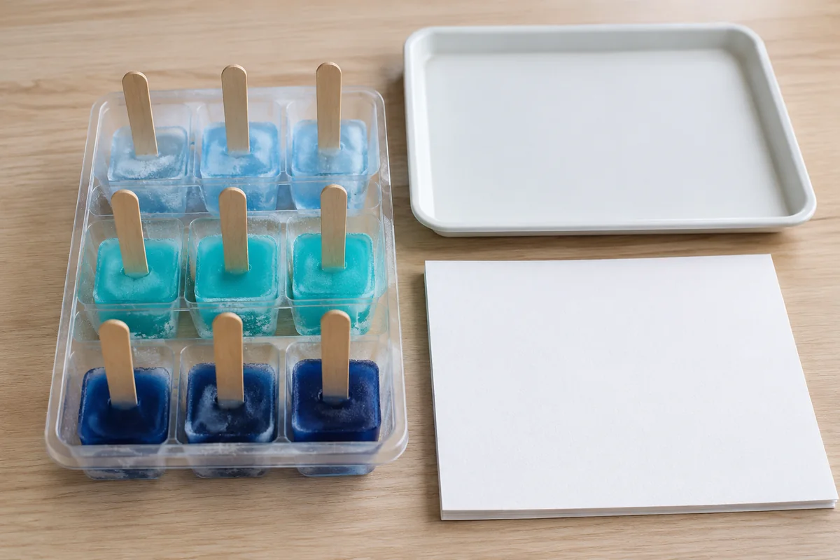 Étape 1 — glaçons colorés préparés par un adulte