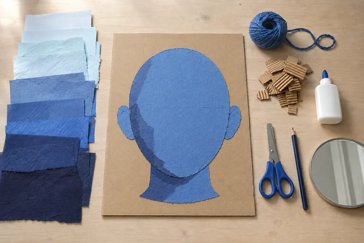 Étape 2 : visage collé avec ombres et ligne des yeux visible pendant la fabrication d’un autoportrait monochrome.