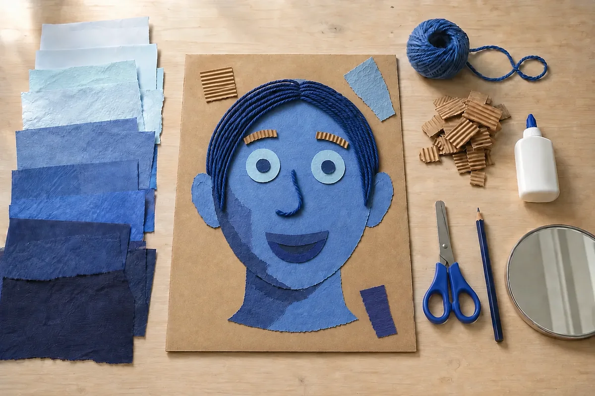 Étape 4 : mèches qui encadrent le regard et fond aéré pendant la fabrication d’un autoportrait monochrome.
