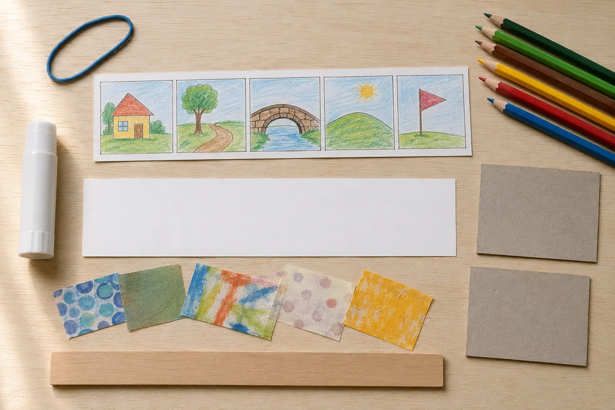 Étape 1 : miniature avec départ, étapes et arrivée pendant la fabrication de carnet-paysage accordéon.