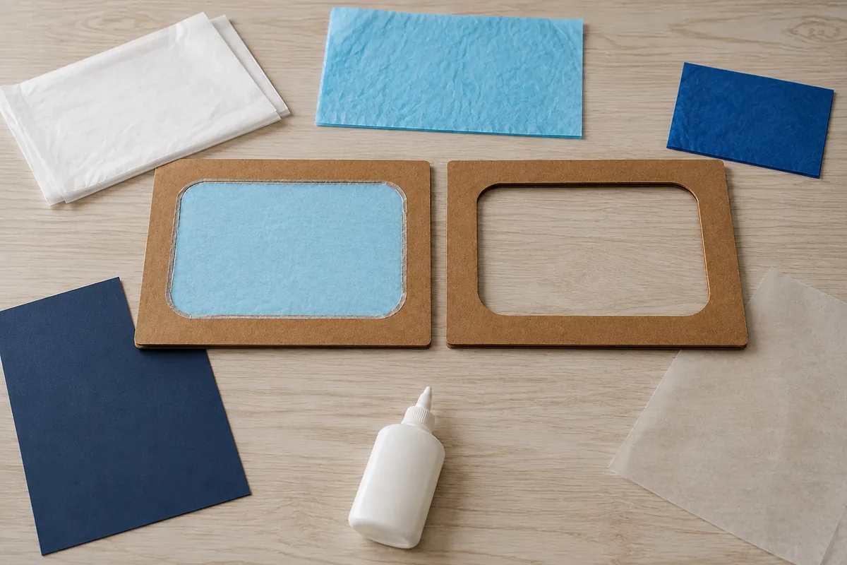 Étape 2 : ciel lumineux collé seulement au bord pendant la fabrication de vitrail de banquise en papier.