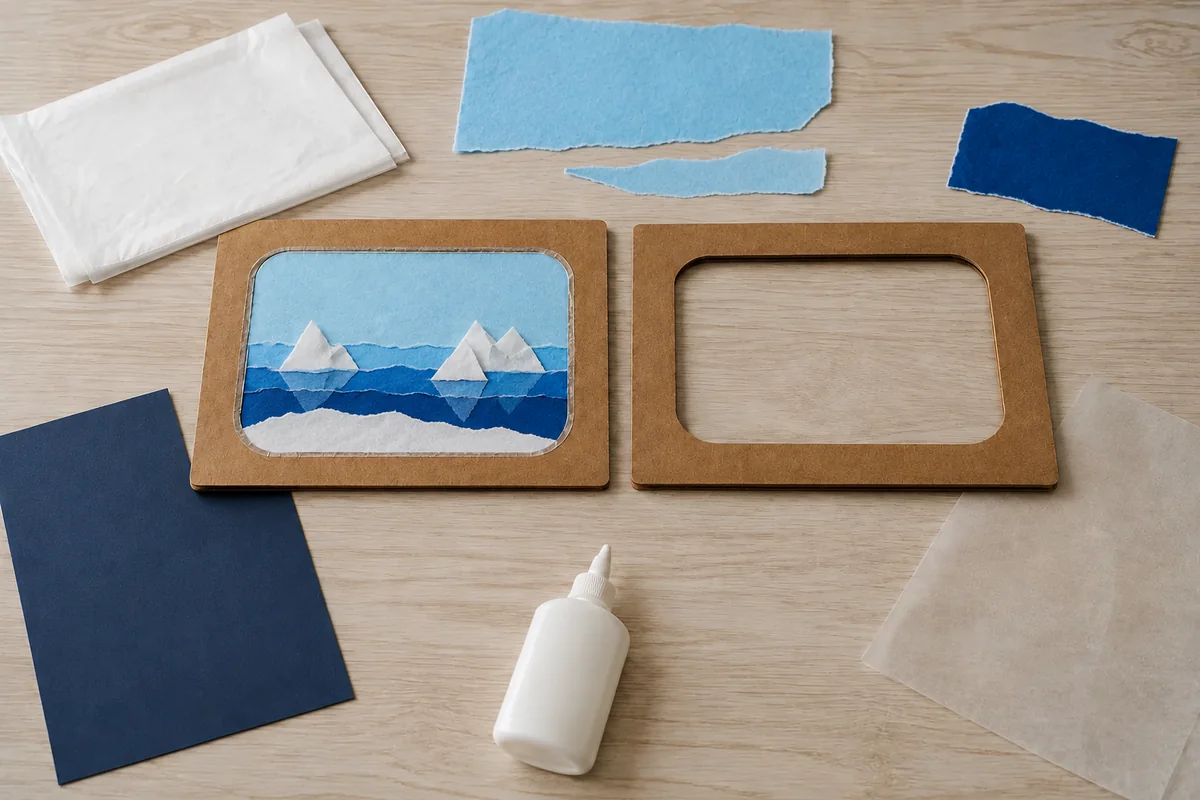 Étape 3 : trois profondeurs et reflets lisibles pendant la fabrication de vitrail de banquise en papier.