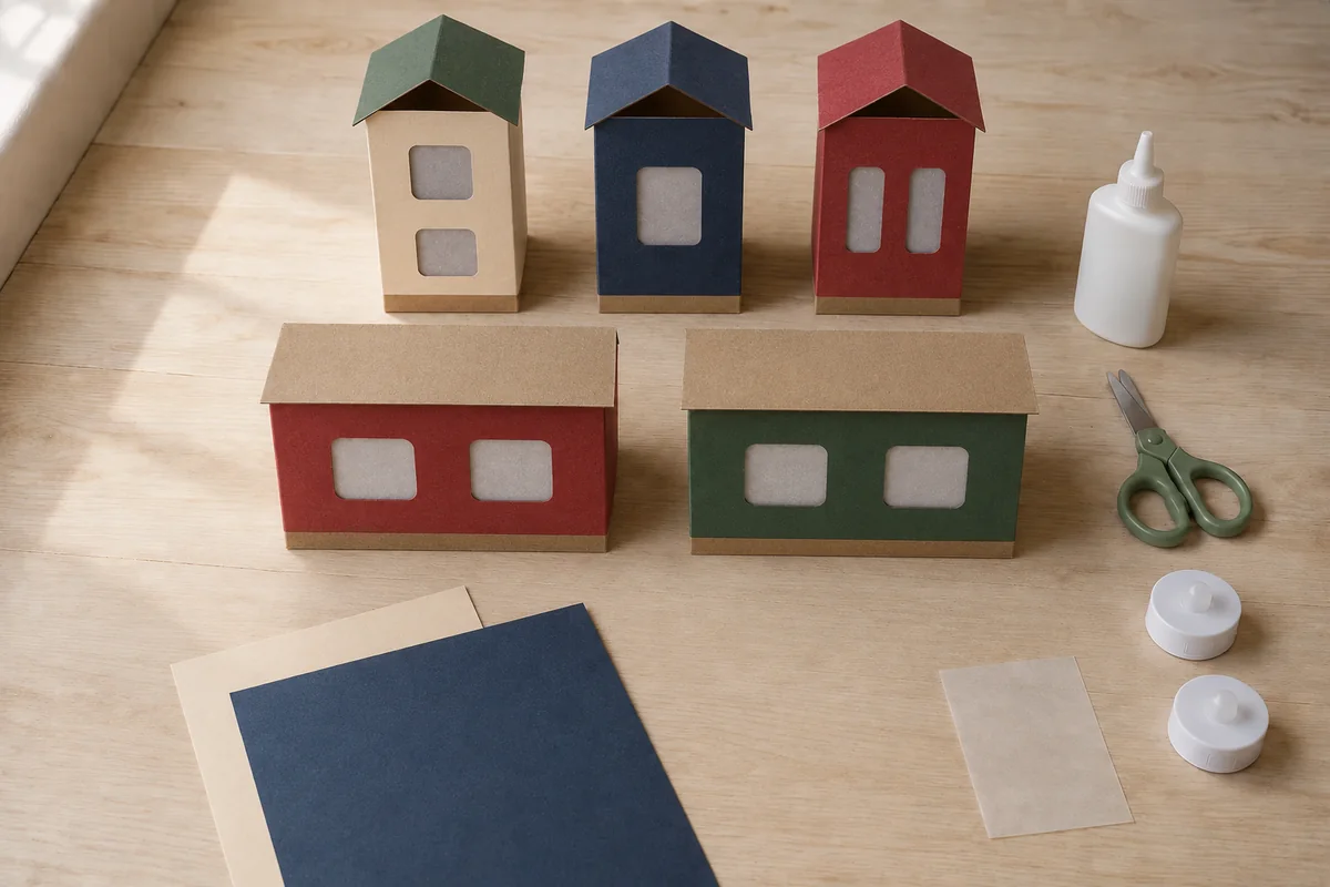 Étape 3 : maisons distinctes à bases nues pendant la fabrication de village de Noël modulaire.