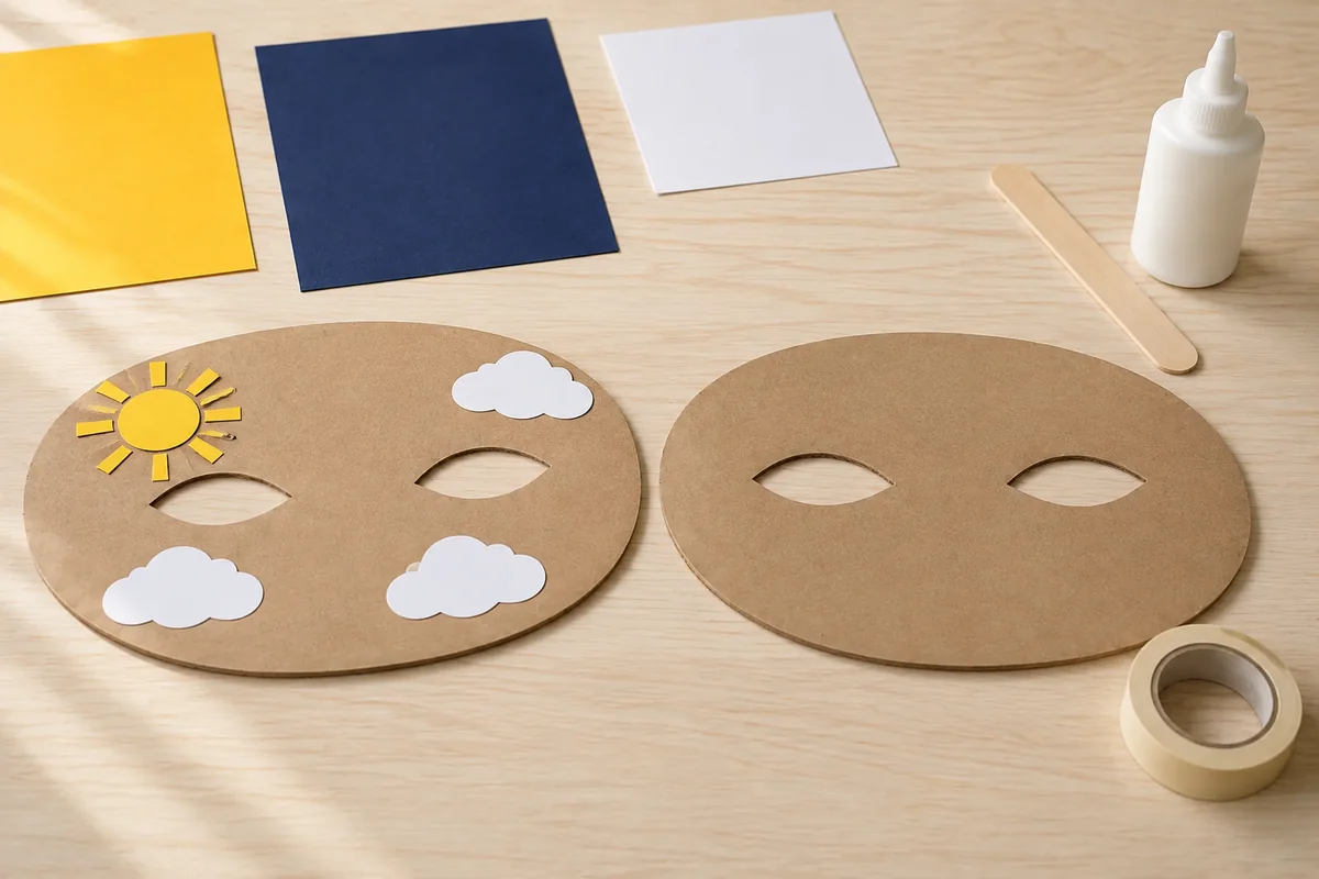 Étape 2 : soleil et nuages loin des yeux pendant la fabrication de masque réversible jour et nuit.