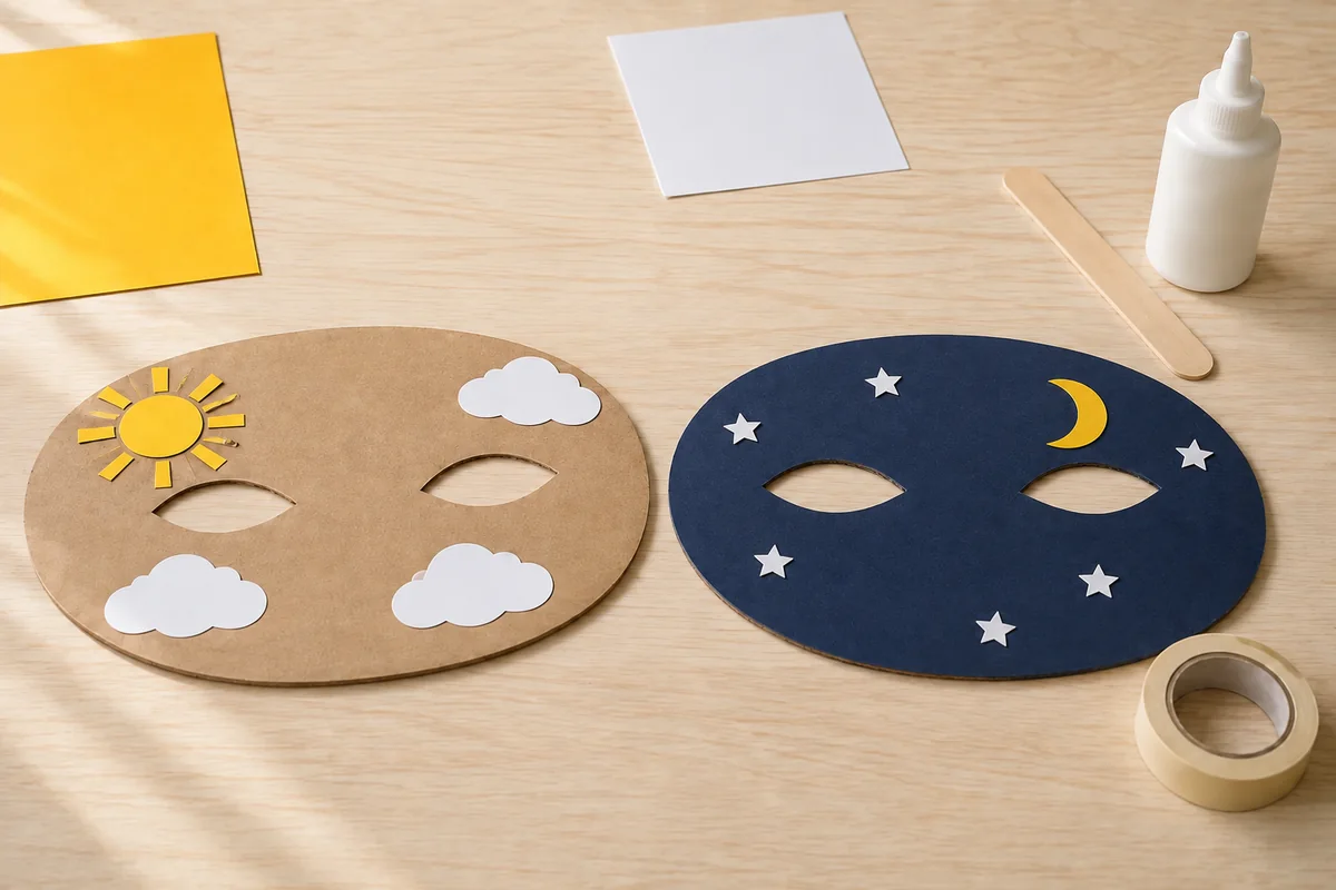 Étape 3 : lune et étoiles entièrement fixées pendant la fabrication de masque réversible jour et nuit.