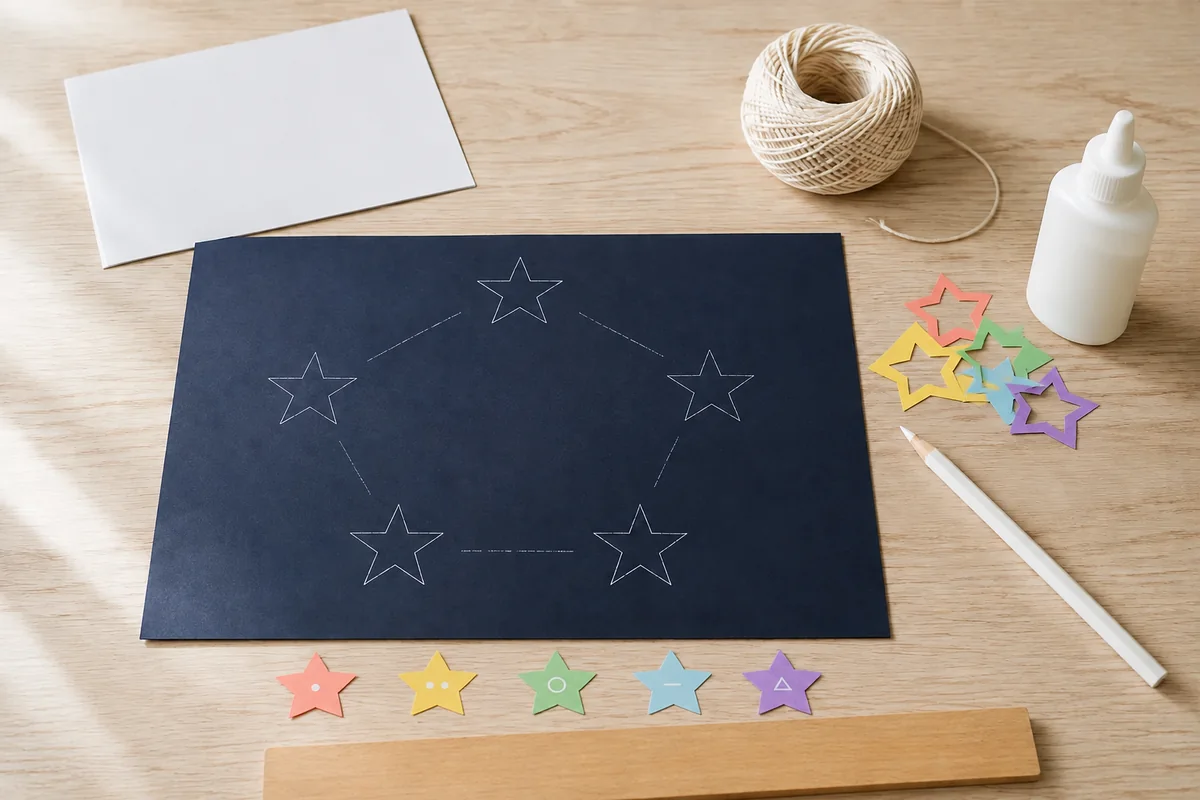 Étape 2 : étoiles de tailles proches et repères au verso, pour « Cadre constellation de ma famille ».