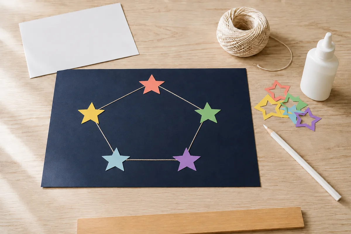 Étape 3 : lignes fines reliant toutes les étoiles sans nœud épais, pour « Cadre constellation de ma famille ».