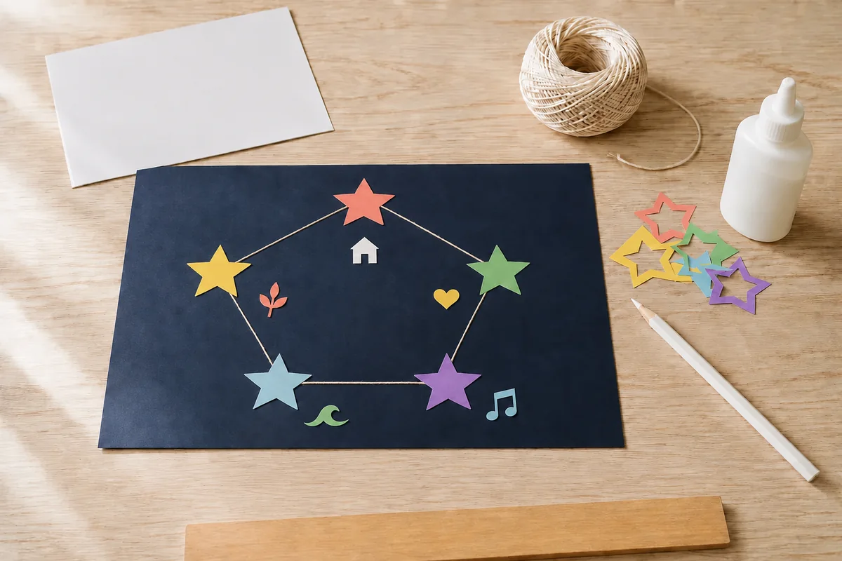 Étape 4 : petits symboles placés près des bonnes personnes, pour « Cadre constellation de ma famille ».