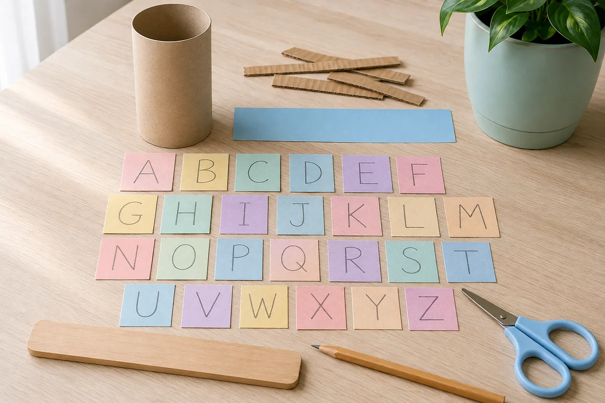 Étape 2 : alphabet complet avec lettres attribuées et hauteur commune, pour « Pot à crayons alphabet en relief, création collective ».
