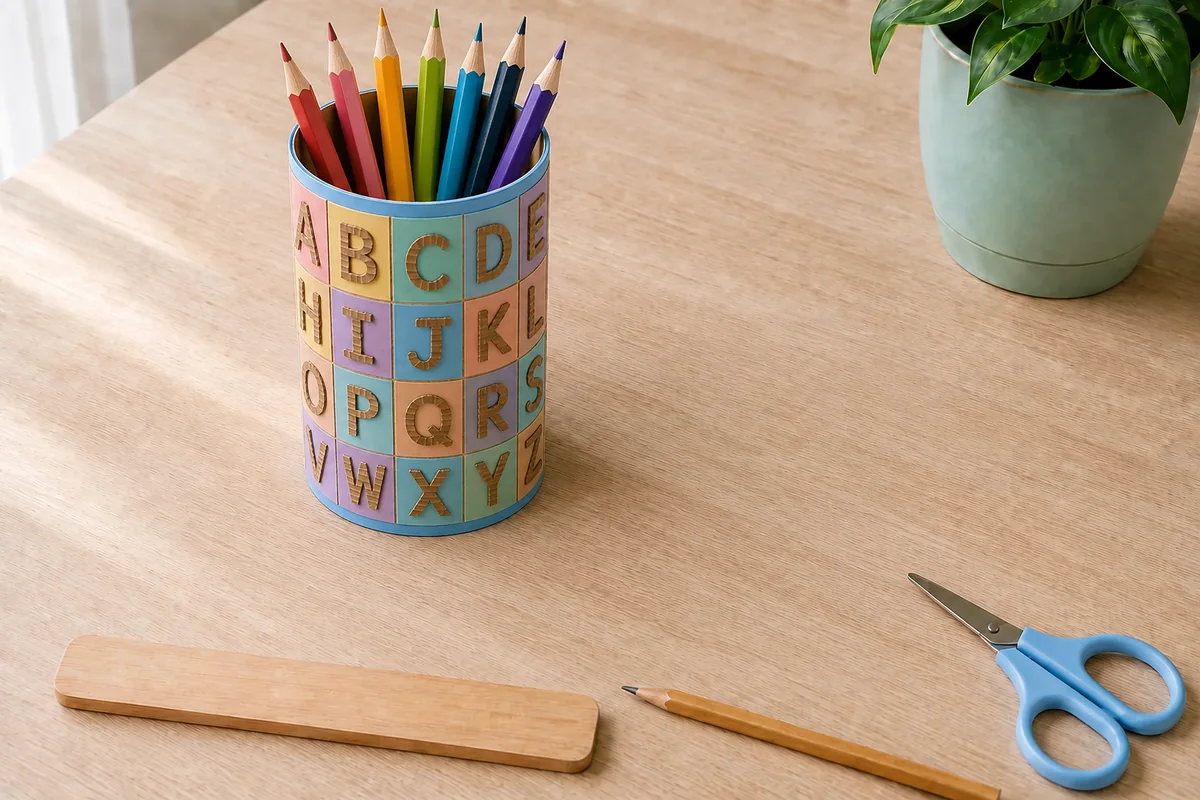 Pot à crayons alphabet en relief, création collective