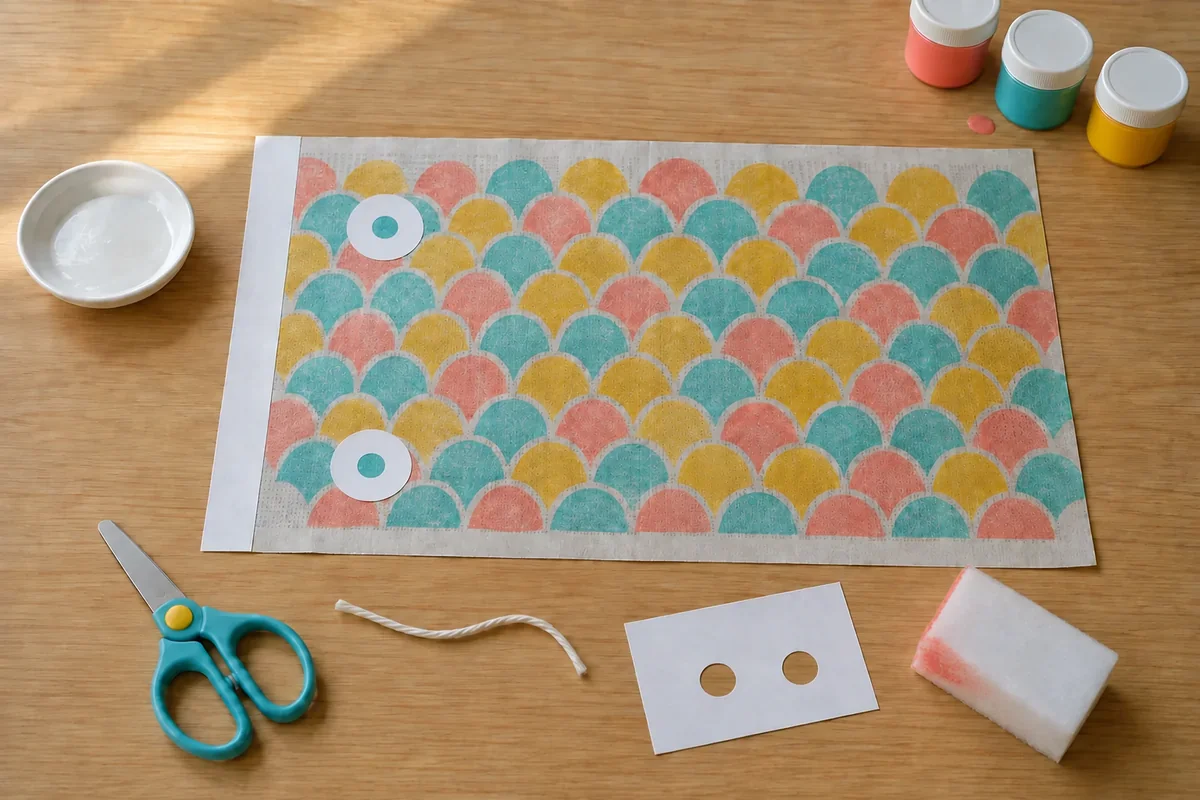 Étape 3 : deux yeux alignés sur les faces opposées, pour « Koinobori japonais en papier journal ».