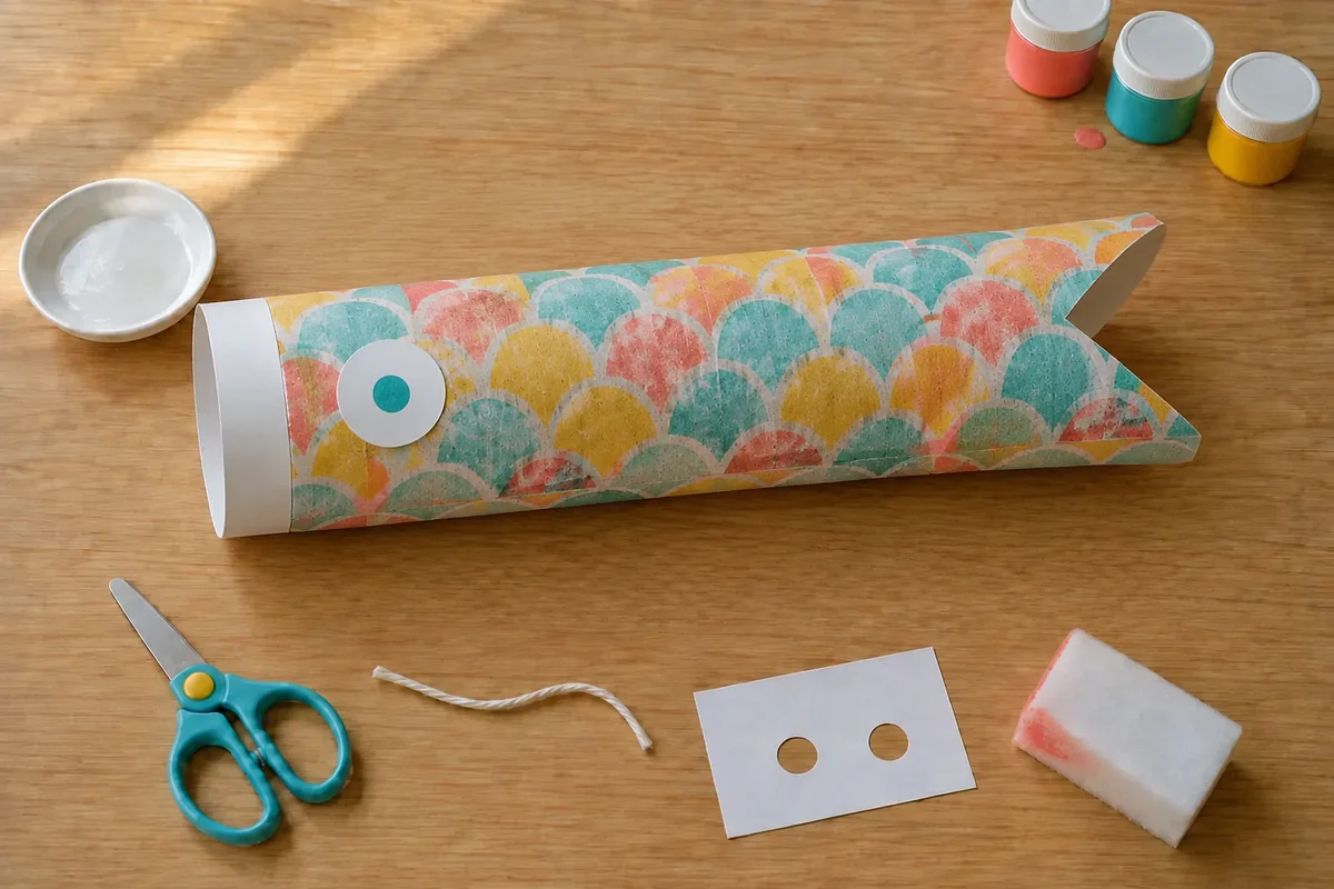 Étape 4 : corps tubulaire ouvert avec queue en deux pointes, pour « Koinobori japonais en papier journal ».