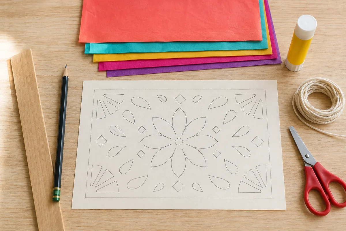 Étape 1 : dessin brouillon avec bordure continue et formes respectueuses, pour « Papel picado mexicain simplifié ».