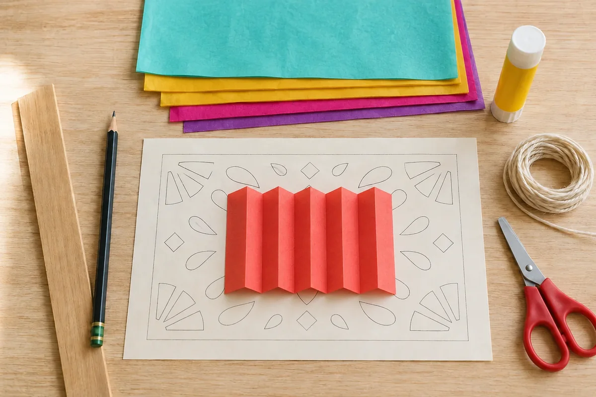 Étape 2 : rectangle plié en accordéon bien aligné, pour « Papel picado mexicain simplifié ».