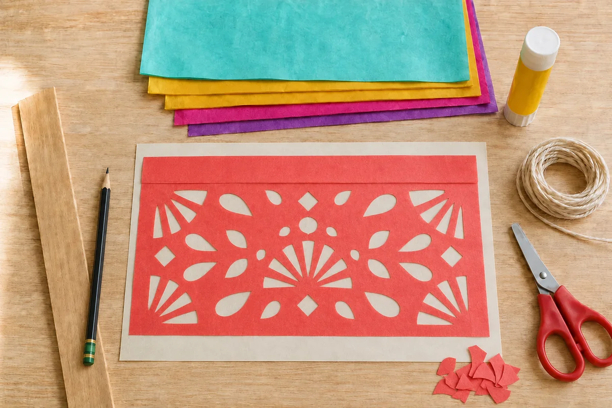 Étape 4 : panneau ajouré qui se déplie sans déchirure, pour « Papel picado mexicain simplifié ».