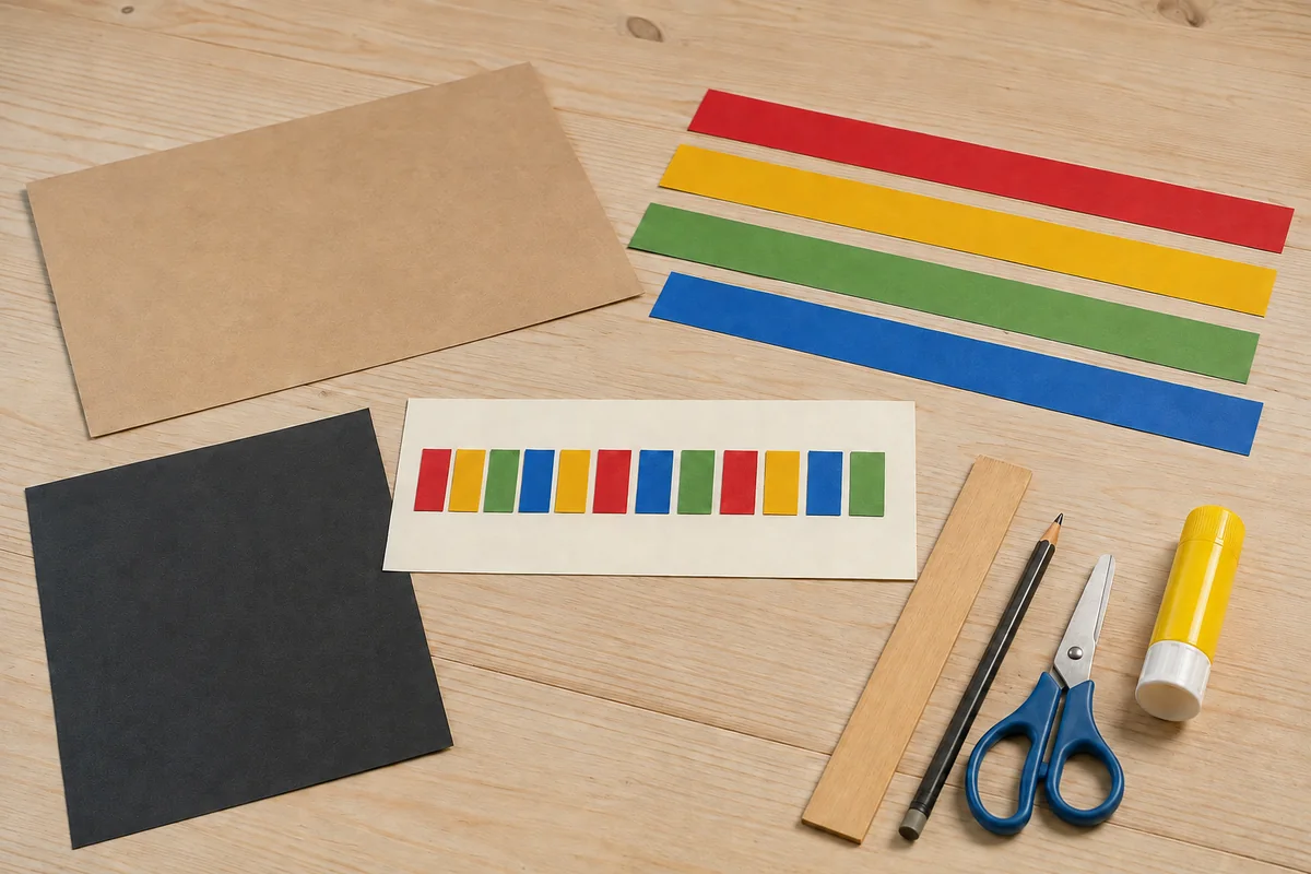 Étape 1 : séquence de couleurs planifiée sur brouillon, pour « Tissage papier inspiré du kente ghanéen ».