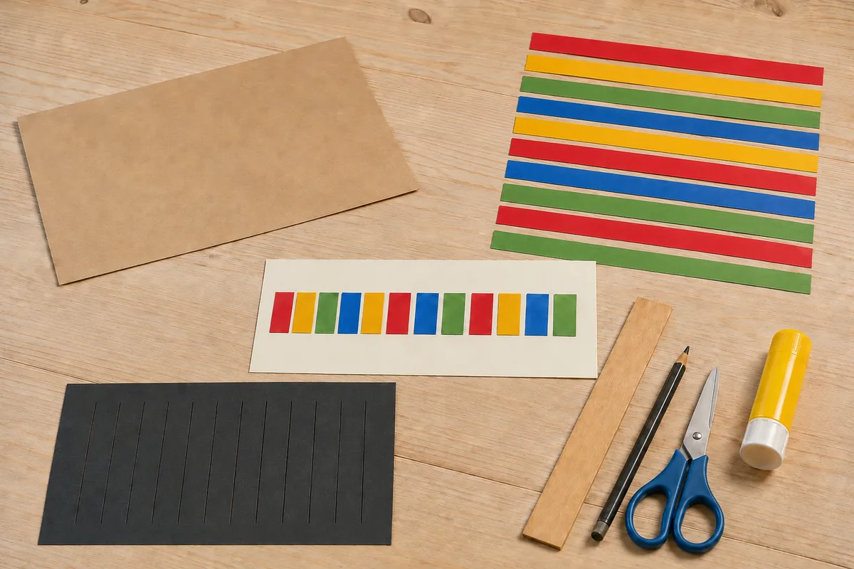 Étape 3 : bandes régulières classées dans l’ordre, pour « Tissage papier inspiré du kente ghanéen ».