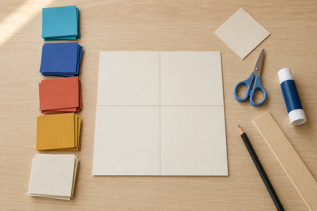Étape 1 : fond partagé en quatre quartiers égaux, pour « Mosaïque zellige en papier découpé ».