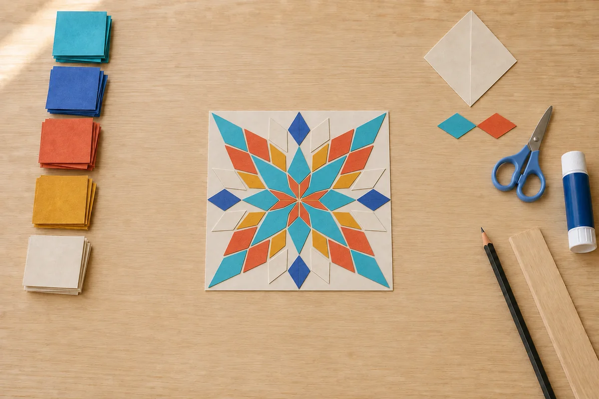 Étape 4 : étoile centrale prolongée vers les bords, pour « Mosaïque zellige en papier découpé ».