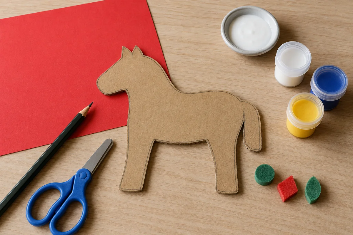 Étape 1 : cheval trapu découpé avec pattes assez larges, pour « Cheval Dala en carton et motifs tamponnés ».