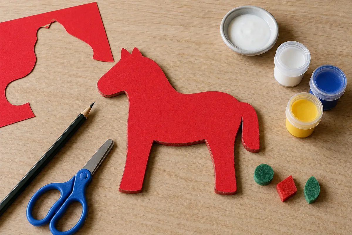 Étape 2 : deux faces rouges alignées sans bulles, pour « Cheval Dala en carton et motifs tamponnés ».