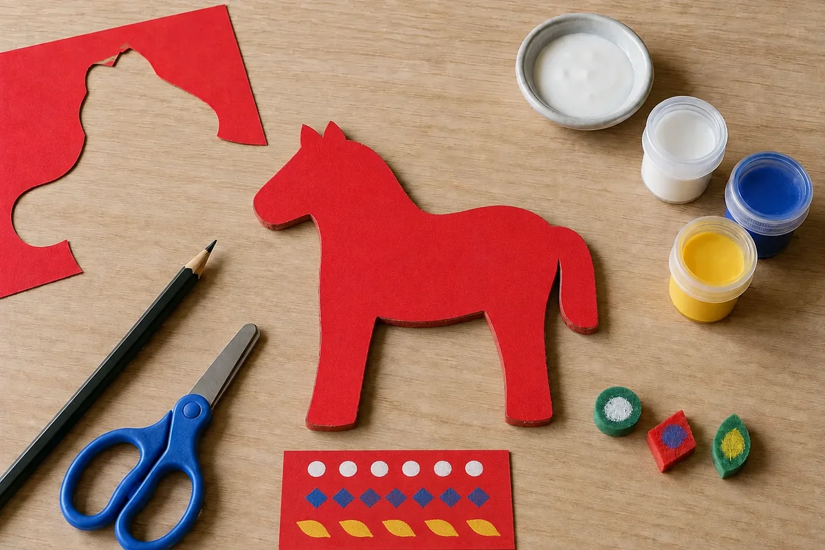 Étape 3 : empreintes nettes dosées sur une chute, pour « Cheval Dala en carton et motifs tamponnés ».