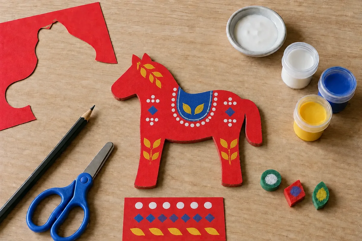 Étape 4 : décor symétrique autour d’une selle centrale, pour « Cheval Dala en carton et motifs tamponnés ».