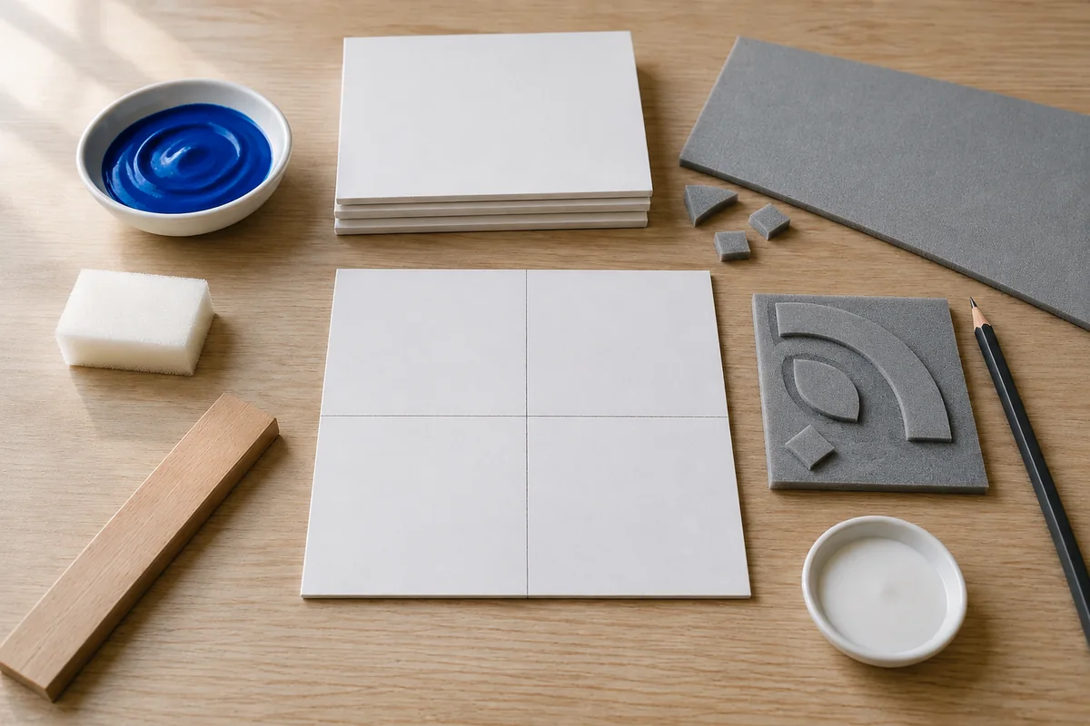 Étape 2 : tampon mousse marqué d’un motif simple sans texte, pour « Azulejo portugais imprimé avec un tampon mousse ».
