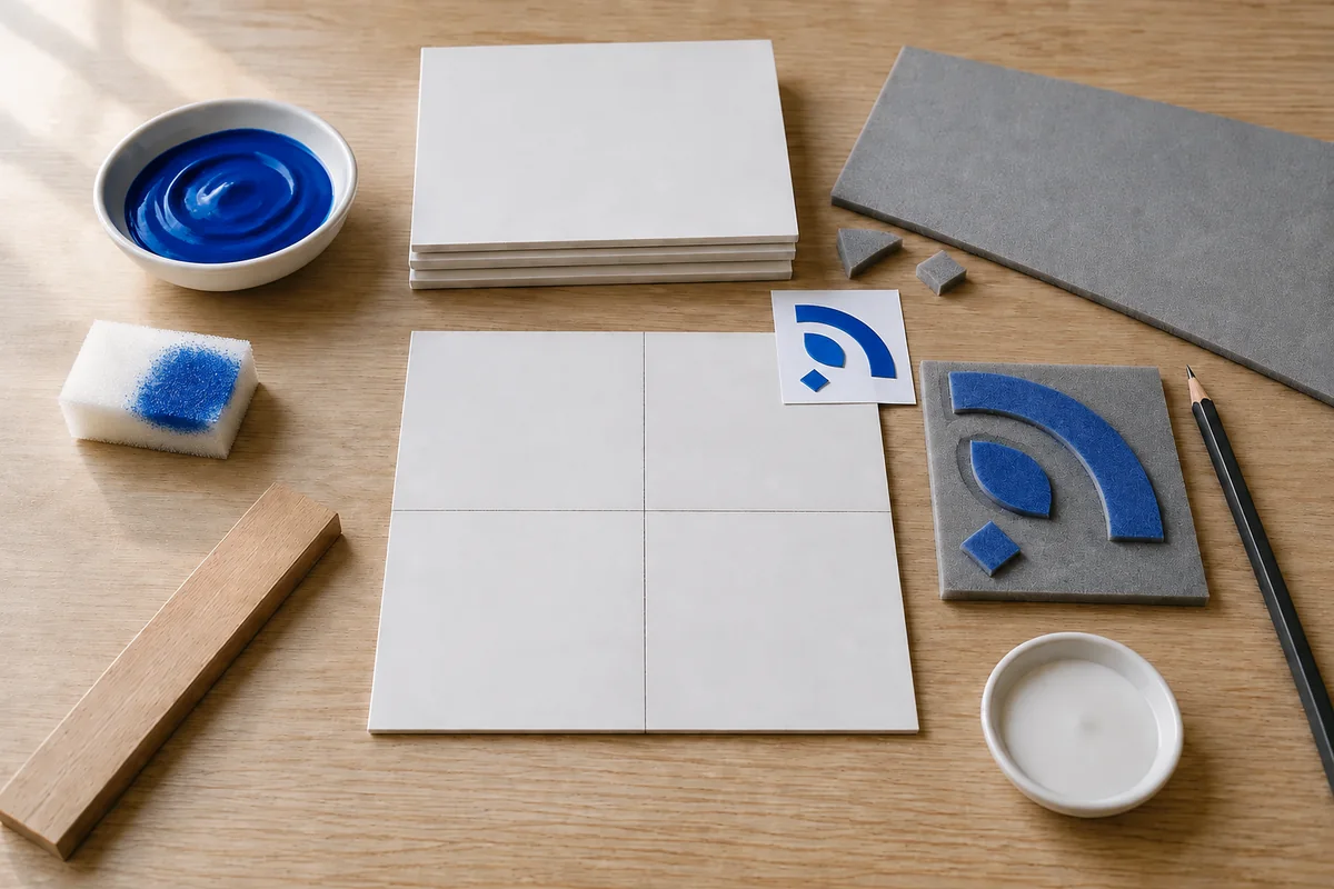 Étape 3 : empreinte bleue uniforme sans halo, pour « Azulejo portugais imprimé avec un tampon mousse ».