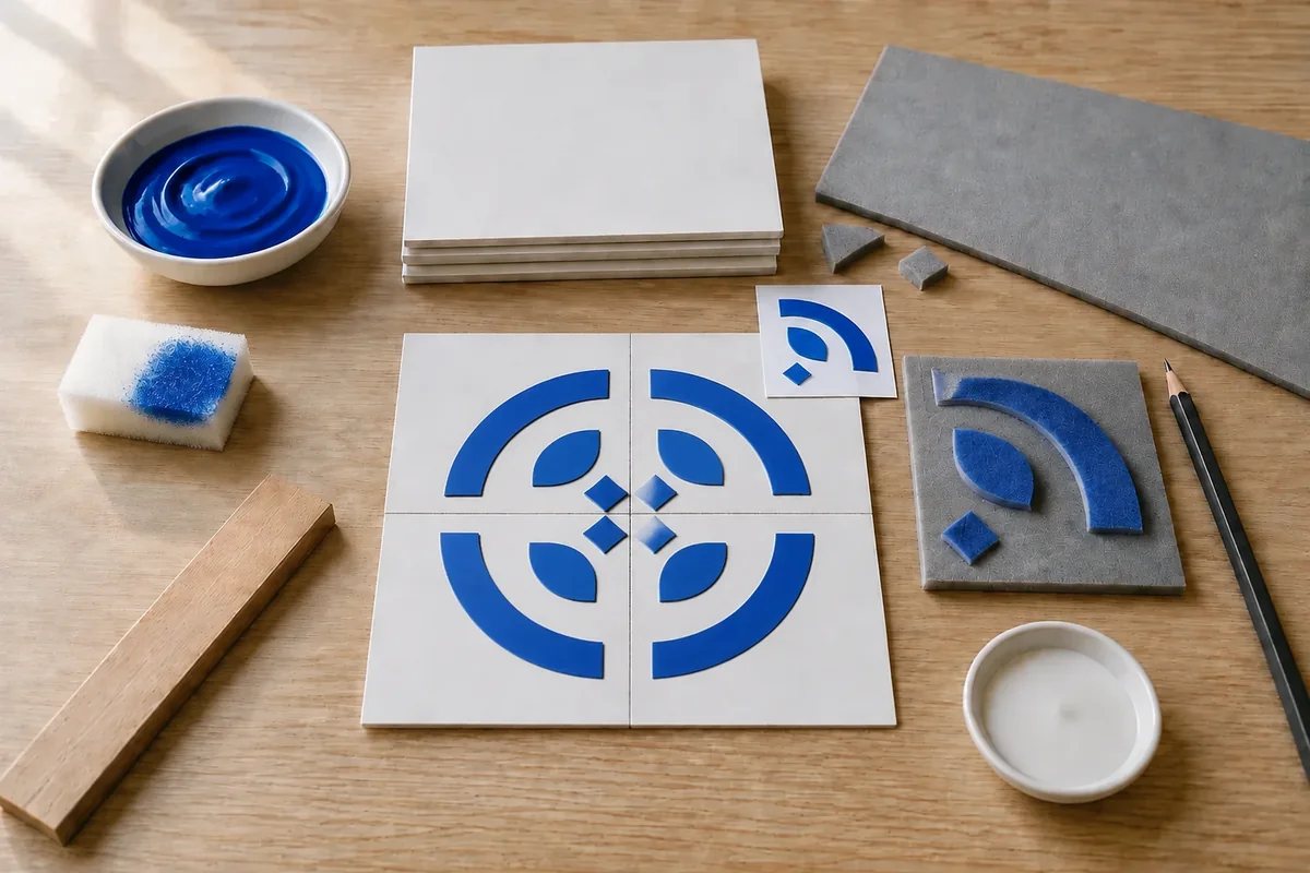 Étape 4 : motif complet rejoint au centre par rotation, pour « Azulejo portugais imprimé avec un tampon mousse ».