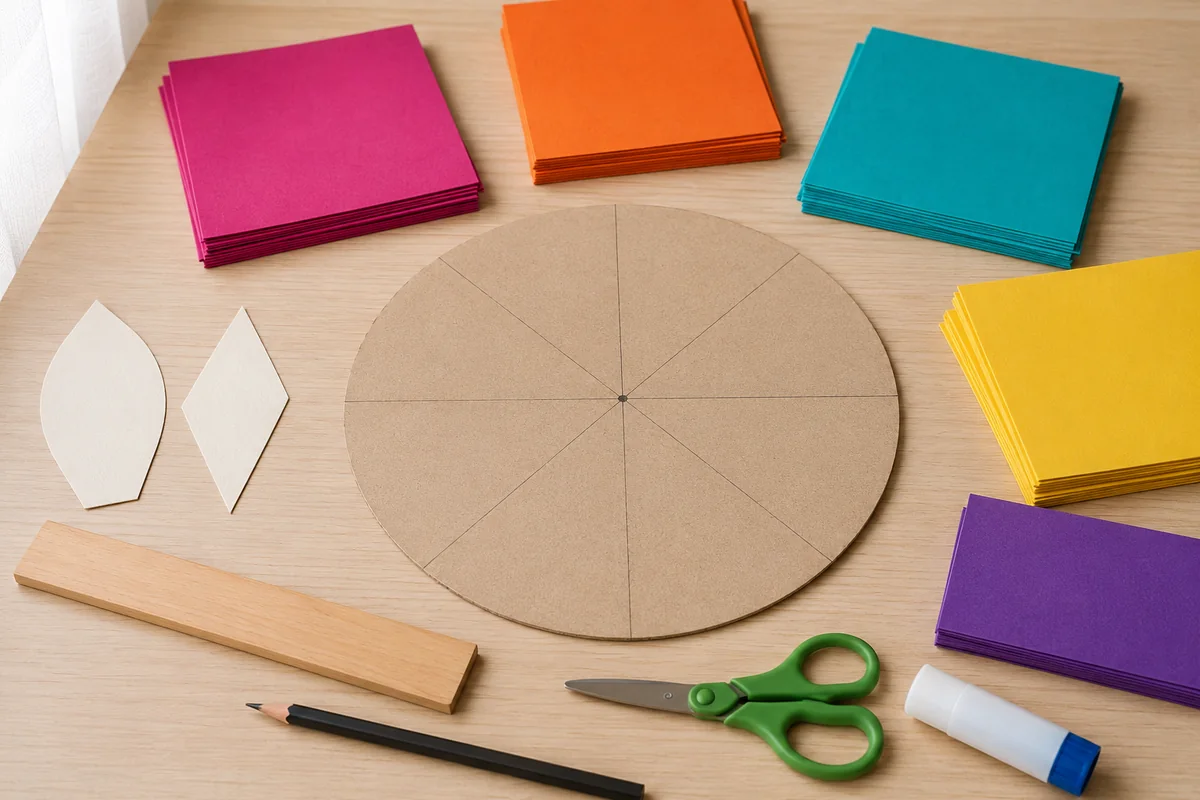 Étape 1 : disque divisé en huit secteurs égaux, pour « Rangoli réutilisable en mosaïque de papier ».