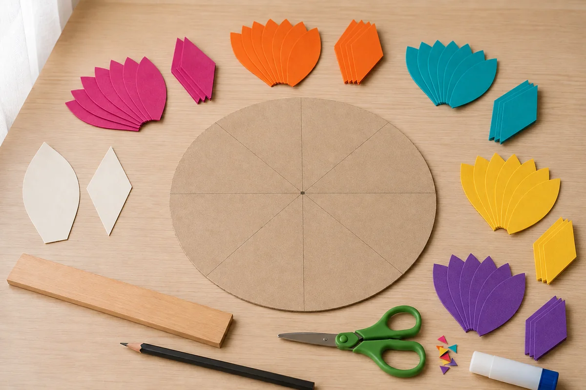 Étape 2 : pétales et losanges triés par couleur, pour « Rangoli réutilisable en mosaïque de papier ».