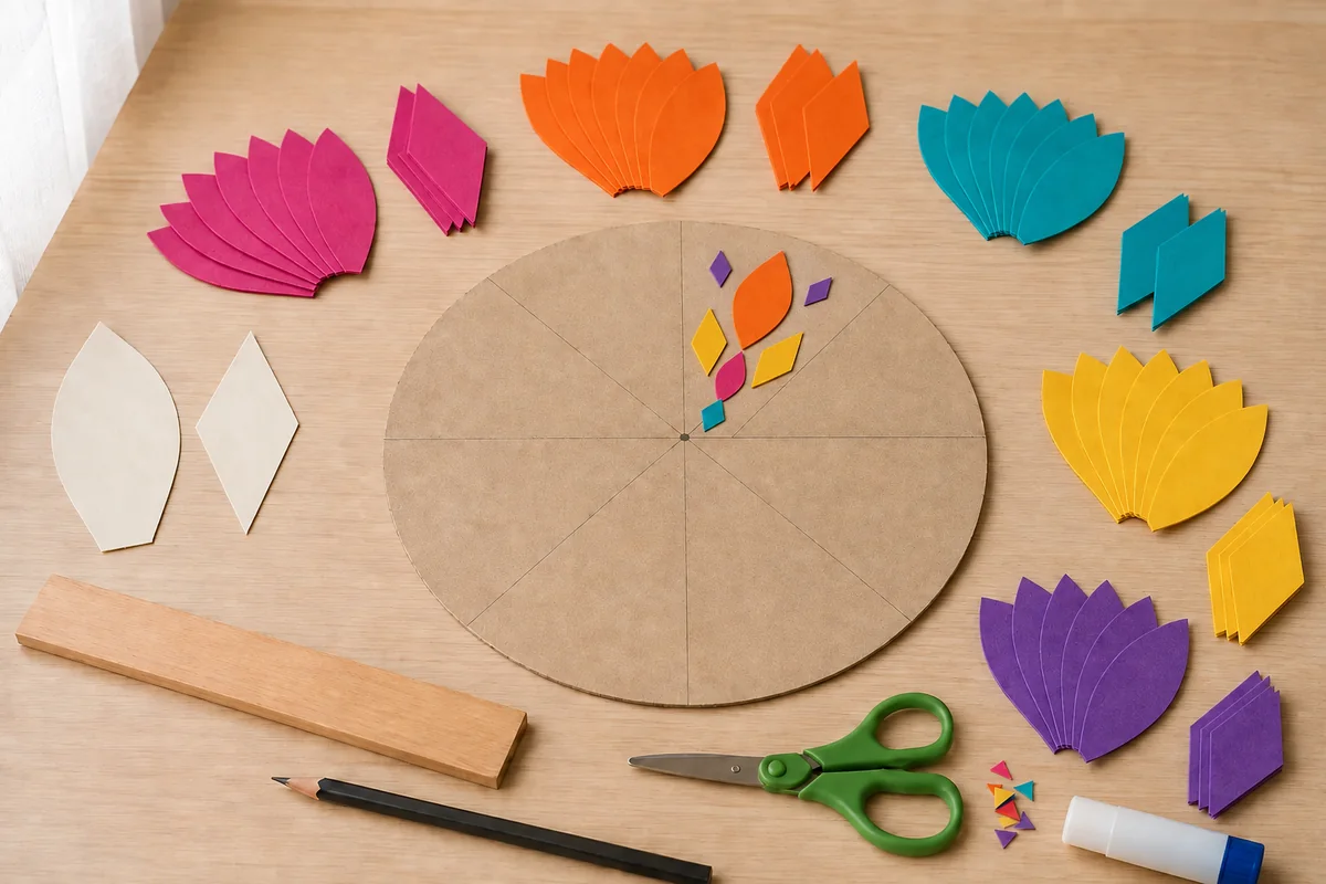Étape 3 : un huitième complet sans colle définitive, pour « Rangoli réutilisable en mosaïque de papier ».