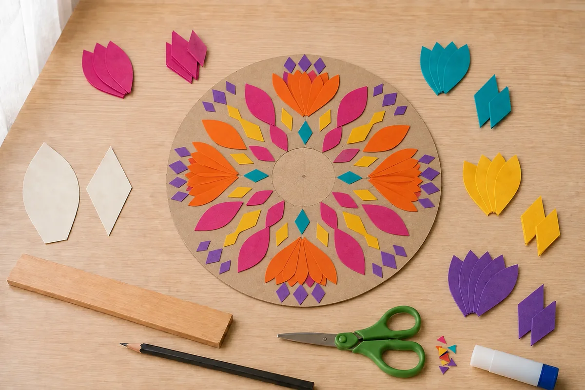 Étape 4 : motif radial équilibré avec centre dégagé, pour « Rangoli réutilisable en mosaïque de papier ».