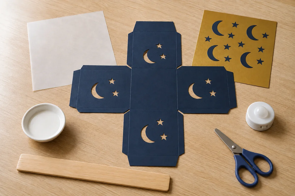 Étape 2 : motifs ajourés loin des plis porteurs, pour « Lanterne de Ramadan lune et étoiles en papier avec LED ».