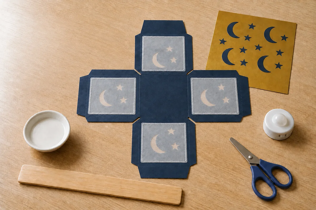 Étape 3 : calque collé aux quatre bords intérieurs, pour « Lanterne de Ramadan lune et étoiles en papier avec LED ».