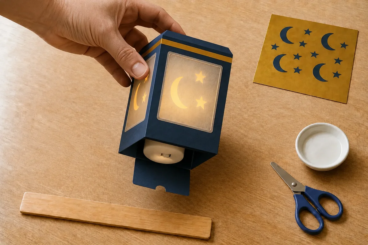 Lanterne de Ramadan lune et étoiles en papier avec LED